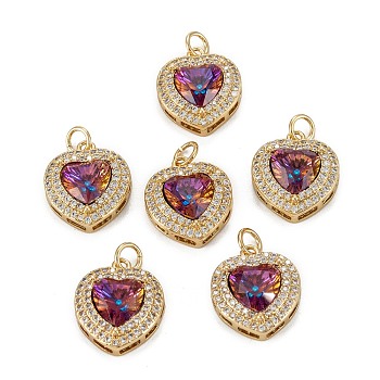 Brass Micro Pave Cubic Zirconia Pendants, Heart, Real 18K Gold Plated, Brown, 16.5x14x6mm, Hole: 3.4mm, Jump Ring: 5x0.8mm