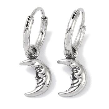 316 Surgical Stainless Steel Moon Hoop Earrings for Women, Antique Silver, 14.5x8.5mm