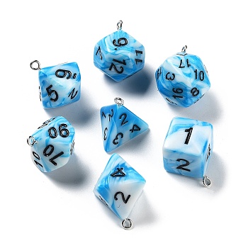 7Pcs 7 Styles Opaque Resin Polyhedral Dice Pendants Set, Multi-Sided Dice Charms with Platinum Plated Iron Loops, Mixed Shapes, Deep Sky Blue, 20~28x19~24x17~24mm, Hole: 2mm, 1pc/style
