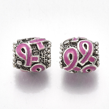 Alloy Enamel European Beads, Large Hole Beads, with Enamel, Drum with Awareness Ribbon, Hot Pink, 11.5x11mm, Hole: 5~6mm