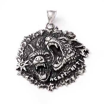 Tibetan Style 304 Stainless Steel Pendants, Wolf, Antique Silver, 49x47.5x7.5mm, Hole: 8x4mm