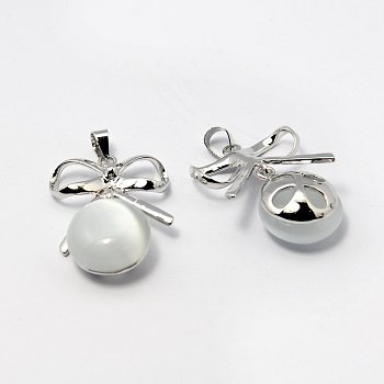 Cat Eye Pendants, with Brass Findings, Fruit, Platinum, White, 30x20x9mm, Hole: 4x5mm