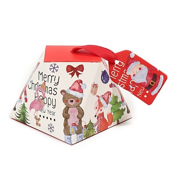 Trapezoid Paper Bakery Boxes, with Ribbon, with NO Tag, for Mini Cake Cupcake Cookie Packing, Christmas Theme, Bear Pattern, 80x80mm