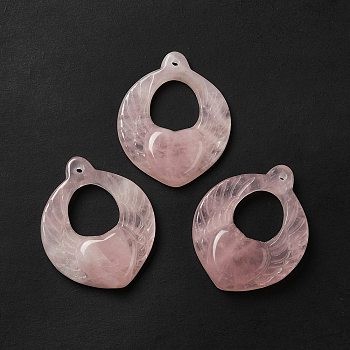 Natural Rose Quartz Pendants, Heart Wing Charms, 38x31x9mm, Hole: 1.5mm