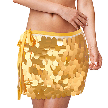 Polyester Tassel Belly Dance Short, Hip Scarf, Sequins Costume Party Rave Skirts, Fringe Hip Skirt, with Plastic Sheet, Gold, 2000mm