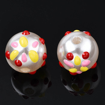 ABS Plastic Imitation Pearl Beads, with Enamel, Round with Butterfly, Dark Red, 12x11mm, Hole: 2mm