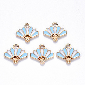 Chinese Style Alloy Enamel Pendants, Fan, Light Gold, Light Sky Blue, 15x17x1.5mm, Hole: 1.6mm