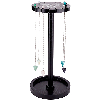 Wooden Pendulum Display Stand with Tray, Flower Pattern Wood Crystal Holder with Synthetic Turquoise, Green Aventurine, Blue Goldstone, Opalite, Rose Quartz, Witch Necklaces Organizer, Flower Pattern, Finished Product: 15x31.5cm