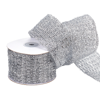 5 Yards Flat Christmas Glitter Metallic Wired Ribbon, Polyester Decorative Ribbon for Gift Wrapping, Tree Decor, Christmas Party Supplies, Silver, 2-1/4 inch(56mm)