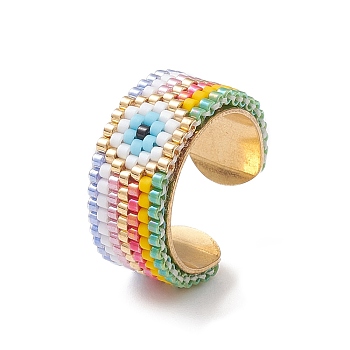 Glass Seed Beaded Evil Eye Open Cuff Rings, Golden Stainless Steel Jewelry, Colorful, Inner Diameter: 17mm