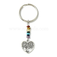Alloy Tree of Life Pendant Keychain, with Chakra Gemstone Bead and Iron Split Key Rings, Heart, 6.6cm, Pendant: 18x16.5x1mm(KEYC-JKC00591-03)