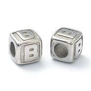304 Stainless Steel European Beads, Large Hole Beads, Horizontal Hole, Cube with Letter, Stainless Steel Color, Letter.B, 8x8x8mm, Hole: 4mm(STAS-H145-01B-P)