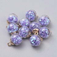 Transparent Glass Globe Pendants, with Plastic Paillette/Sequins Beads inside & CCB Plastic Pendant Bails, Round with Star, Light Gold, Medium Purple, 21x16mm, Hole: 2.5mm(GLAA-TAC0002-I08)