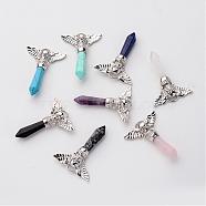 Brass Natural & Synthetic Mixed Stone Pendants, Bullet with Skull & Wing, Platinum, Pointed Pendant, 48~50x36x8mm, Hole: 3mm(G-O160-04)
