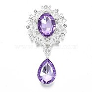 Alloy Flat Back Cabochons, with Acrylic Rhinestones, Oval and Teardrop, Silver Color Plated, Faceted, Lilac, 58x29x7mm, Pendant: 24.5x13x7mm(RB-S063-06S)