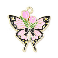 Light Gold Plated Alloy Enamel Pendants, Butterfly with Rose Charm, Pink, 25x23x1.5mm, Hole: 1.8mm(ENAM-L041-03B)