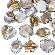 Natural White Shell Pendants, with Platinum Plated Brass Edge, Mixed Shapes, Seashell Color, 20~21x15~21x3~10mm, Jump Ring: 6~7x0.5mm, Inner Diameter: 5~6mm(SHEL-S278-073)
