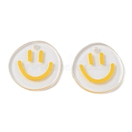 Transparent Printed Acrylic Pendants, Flat Round with Smiling Face Charm, Yellow, 20.5~21x20~21x2mm, Hole: 1.6mm(X-TACR-P005-01F)