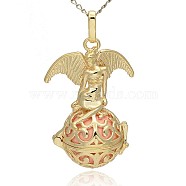 Golden Tone Brass Hollow Round Cage Pendants, with No Hole Spray Painted Brass Round Beads, Round with Angel, Pink, 47x30x21mm, Hole: 3x8mm(KK-J242-05G)