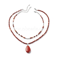 2Pcs 2 Style Natural Red Jasper Teardrop Pendant Necklaces Set, Synthetic Hematite & Brass Beaded Stackable Necklaces for Women, 15.35~20.39 inch(39~51.8cm), 1Pc/style(NJEW-JN04064)