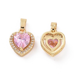 Brass Micro Pave Cubic Zirconia Charms, Heart, Clear & Pink, Real 18K Gold Plated, 12.5x11.6x6mm, Hole: 5x2.6mm(KK-E068-VC434)