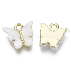 Alloy Pendants, with Resin and Glitter Powder, Butterfly, Golden, Floral White, 13x13~15x3.5mm, Hole: 2mm(X-RESI-S385-004D)