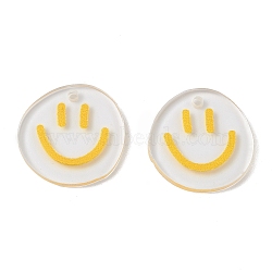 Transparent Printed Acrylic Pendants, Flat Round with Smiling Face Charm, Yellow, 20.5~21x20~21x2mm, Hole: 1.6mm(X-TACR-P005-01F)