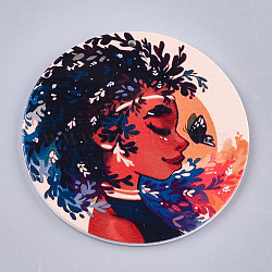Printed Wooden Big Pendants, Dyed, Flat Round with Fashion Lady, Colorful, 60x2.5mm, Hole: 1.5mm(WOOD-S048-16)