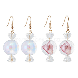 2 Pairs 2 Colors Lace Inside Glass Candy Ball Dangle Earrings, Golden Alloy Long Drop Earrings for Woman, Mixed Color, 56mm, Pin: 0.8mm, 1 Pair/color(EJEW-FI0001-15)