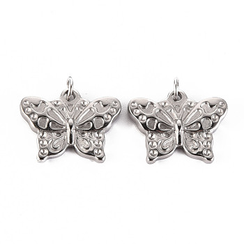 304 Stainless Steel Pendants, with Jump Rings, Butterfly, Stainless Steel Color, 16x20x3mm, Hole: 4mm