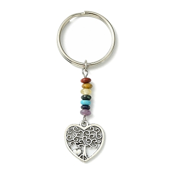 Alloy Tree of Life Pendant Keychain, with Chakra Gemstone Bead and Iron Split Key Rings, Heart, 6.6cm, Pendant: 18x16.5x1mm