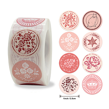 8 Styles Self-Adhesive Kraft Paper Gift Tag Stickers, Adhesive Labels, Flat Round with Mixed Patterns, Pink, 25mm, about 500pcs/roll