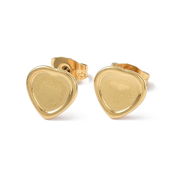 Ion Plating(IP) 304 Stainless Steel Stud Earring Finding, Earring Settings, Heart, Real 18K Gold Plated, Tray: 7x7mm, 9x9mm, Pin: 0.8mm