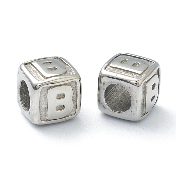 304 Stainless Steel European Beads, Large Hole Beads, Horizontal Hole, Cube with Letter, Stainless Steel Color, Letter.B, 8x8x8mm, Hole: 4mm