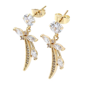 Flower Brass Micro Pave Cubic Zirconia Dangle Stud Earrings, Long-Lasting Plated, Golden, 29x13mm