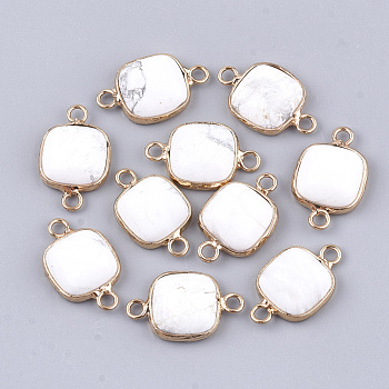 Natural Howlite Links connectors, with Brass Findings, Square, Golden, 21x13x5~5.5mm, Hole: 2.5mm