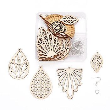 DIY Wooden Dangle Earring Making Kits, Including 20Pcs Teardrop & Rhombus & Fan & Leaf & Flat Round Undyed Natural Wooden Big Pendants, 40Pcs Iron Earring Hooks & Jump Rings, Mixed Color, Wooden Pendants: 20pcs/box