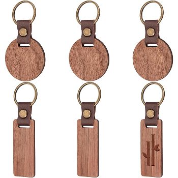 6Pcs 2 Style Imitation Leather & Walnut Wood Keychain, with Iron Findings, Rectangle & Round, Coconut Brown, 9.1~10.8cm, 3pcs/style