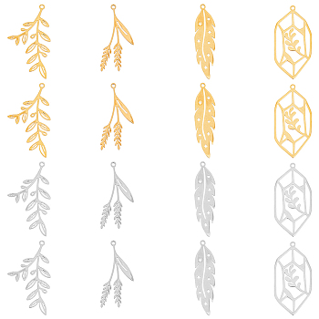 16Pcs 8 Style 201 Stainless Steel Pendants, Leaf Charm, Mixed Color, 34~38x10~19x1mm, Hole: 1.5mm, 2pcs/style