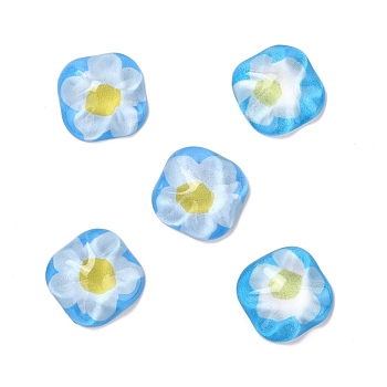 Oil Painting Style Resin Cabochons, Square with Flower, Light Sky Blue, 24.5x24.5x8.5mm
