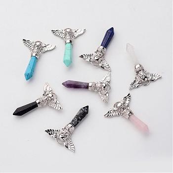 Brass Natural & Synthetic Mixed Stone Pendants, Bullet with Skull & Wing, Platinum, Pointed Pendant, 48~50x36x8mm, Hole: 3mm