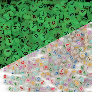 Luminous Translucent Acrylic Beads, with Enamel, Glow In The Dark, Flat Round with Random Letter, Colorful, 7x3.6mm, Hole: 1.3mm, 100pcs/bag