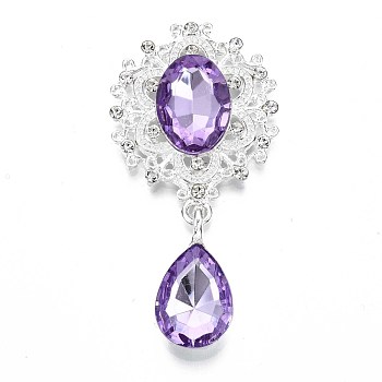 Alloy Flat Back Cabochons, with Acrylic Rhinestones, Oval and Teardrop, Silver Color Plated, Faceted, Lilac, 58x29x7mm, Pendant: 24.5x13x7mm