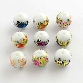 Flower Picture Brushwork Glass Round Beads, Mixed Color, 14x13mm, Hole: 1.5mm