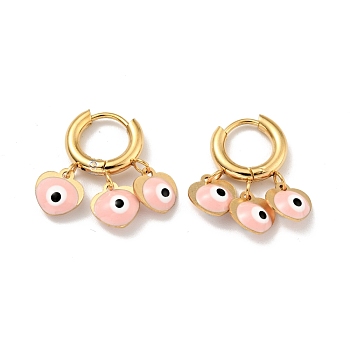 Enamel Heart with Evil Eye Dangle Hoop Earrings, Gold Plated 304 Stainless Steel Jewelry for Women, Pink, 23mm, Pin: 1mm