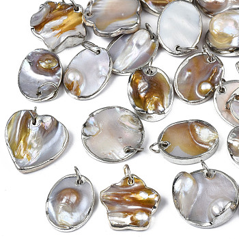 Natural White Shell Pendants, with Platinum Plated Brass Edge, Mixed Shapes, Seashell Color, 20~21x15~21x3~10mm, Jump Ring: 6~7x0.5mm, Inner Diameter: 5~6mm