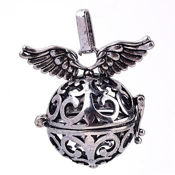 Rack Plating Brass Cage Pendants, For Chime Ball Pendant Necklaces Making, Hollow Round with Wing, Antique Silver, 30x31x21mm, Hole: 3.5x8mm, inner measure: 19mm