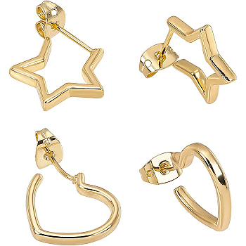 Brass Stud Earrings, Long-Lasting Plated, Star & Heart, Real 18K Gold Plated, 14.5x14.5x2mm, Pin: 0.7mm, 15.5x15x2mm, Pin: 0.7mm, 8pairs/box
