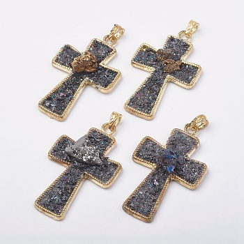Natural Druzy Agate Big Pendants, with Crystal and Brass Findings, Cross, Golden, 70~71x42.5~43x11~14mm, Hole: 5x6mm