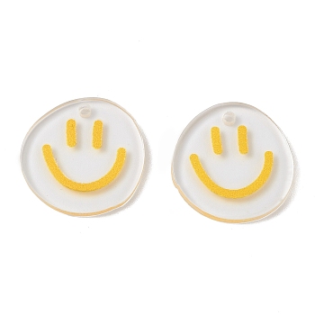 Transparent Printed Acrylic Pendants, Flat Round with Smiling Face Charm, Yellow, 20.5~21x20~21x2mm, Hole: 1.6mm
